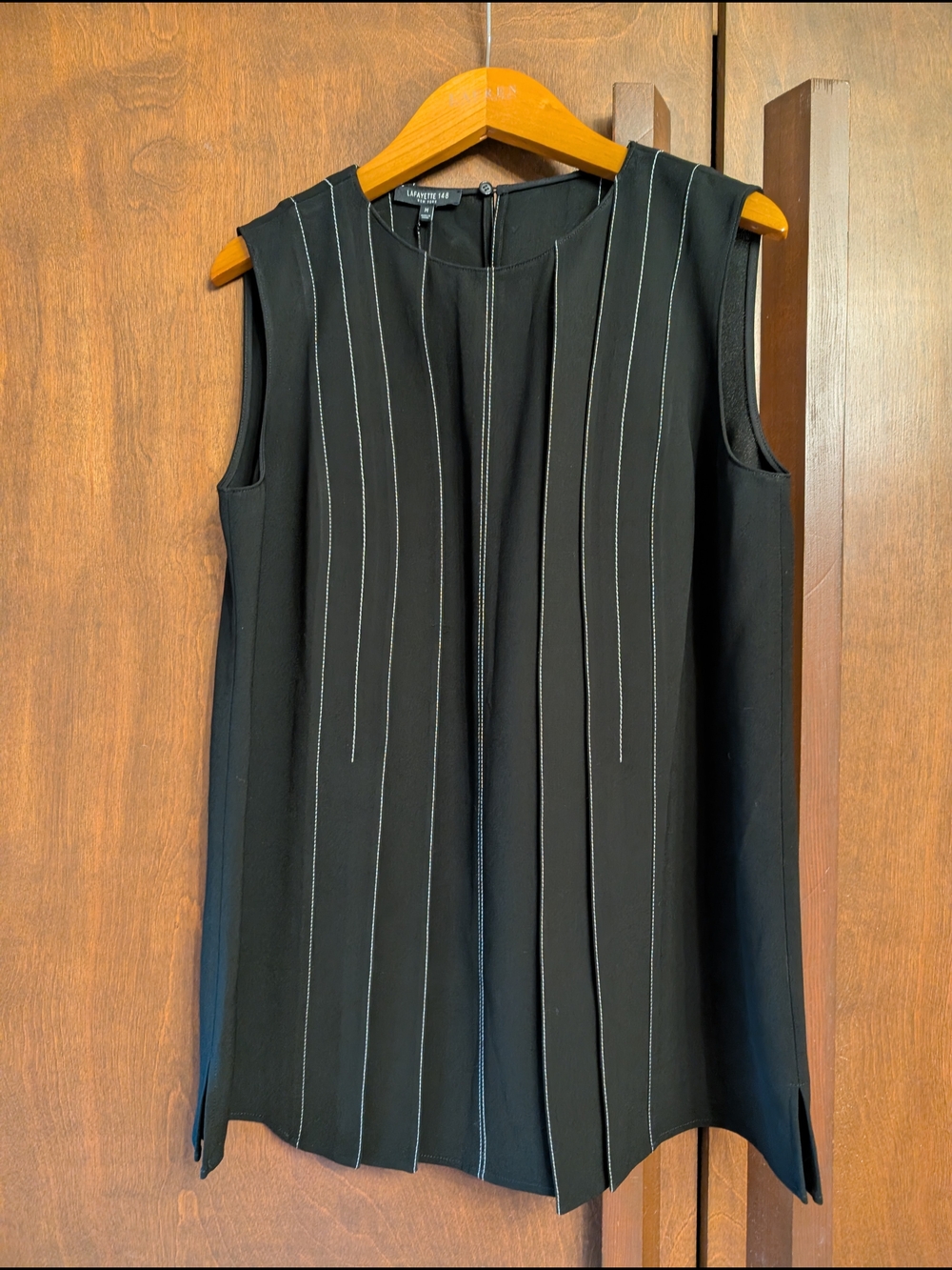 Lafayette 148 New York Black Sleeveless Tunic White Vertical Stitching Pleats